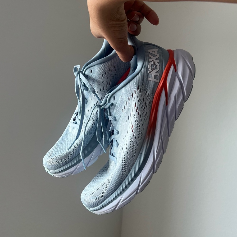 Hoka One One Clifton 8 Running Shoes in Sky Blue and Coral, Sz. 9